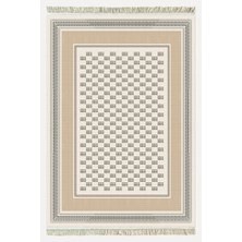 Kilim Home Siyah Beyaz ve Bej Tonlarında Kare Desenli Kilim Etnik Bohem Stil Yıkanabilir Pamuk Taban Kilim