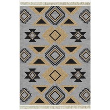 Kilim Home Cotton Kilim 49 Gri Zeminli Geneleksel Motifler Modern Dekoratif Yıkanabilen Dokuma Kilim
