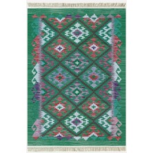 Kilim Home Cotton Kilim 62 Yeşil Geleneksel Motifler Modern Dekoratif Saçaklı Yıkanabilen Dokuma Kilim