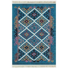 Kilim Home Cotton Kilim 60 Mavi Geleneksel Motifler Modern Dekoratif Saçaklı Yıkanabilen Dokuma Kilim