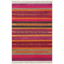 Kilim Home Cotton Kilim 8 Fuşya Multy Tonunda Geometrik Desenli Dekoratif Yıkanabilen Dokuma Taban Kilim