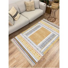 Infort Cotton Serisi Sarı Yunan Motifli Eskitme Antik Otantik Desen Dekoratif Dokuma Taban Kilim