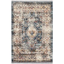 Kilim Home Mars 2162 Krem ve Mavi Tonlarında Klasik Eskitme Desen Saçakli Dekoratif Halı
