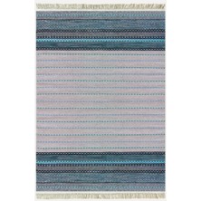 Kilim Home Cotton Kilim 52 Mavi ve Gri Zeminli Geneleksel Motifler Modern Dekoratif Yıkanabilen Dokuma Kilim