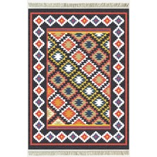 Kilim Home Cotton Kilim 42 Lacivert Zeminli Geneleksel Motifler Modern Dekoratif Yıkanabilen Dokuma Kilim