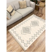 Kilim Home Cotton Serisi Krem Tonlarında Geometrik Eskitme Desen Dekoratif Dokuma Taban Kilim