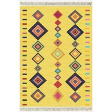 Kilim Home Cotton Serisi Sarı Tonunda Bordürlü Desen Dekoratif Dokuma Taban Kilim