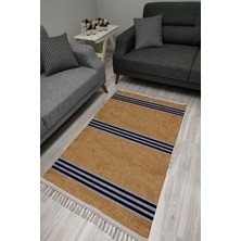 Kilim Home Cotton Serisi Kahverengi Taban Üzerinde Gri ve Lacivert Ince Bordürlü Dekoratif Dokuma Taban Kilim