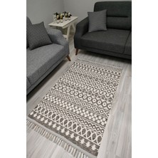 Kilim Home Cotton Serisi Beyaz ve Gri Tonlarında Eskitme Otantik Etnik Desenli Dekoratif Dokuma Taban Kilim