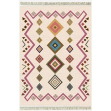Kilim Home Cotton Serisi Krem Tonunda Geometrik Desenli Dekoratif Dokuma Taban Kilim