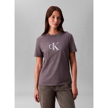 Calvin Klein Jeans Yuvarlak Yaka Baskılı Gri Kadın T-Shirt Ss Sequın Ck Graphıc Tee
