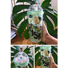Marsilyan Sevimli Ayıcık Temalı Çift Katman 450 ml Suluk Pipetli Mika Yeşil 2726