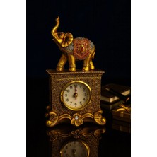 Marsilyan Dekoratif Gold Fil Figürlü Masa Saati – 19 cm | Şık Ev & Ofis Aksesuarı