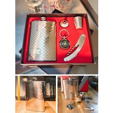 Marsilyan Çelik Matara Konyak Hediye Seti Kabartma Kareli VİP Çok Amaçlı Çakı ve Pusula Anahtarlıklı İçki