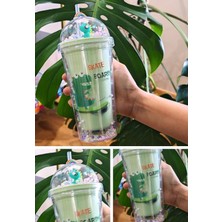 Marsilyan Sevimli Dino Temalı Çift Katman 450 ml Suluk Pipetli Mika Matara Yeşil 2769