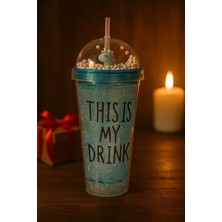 Marsilyan Cool Temalı Buzlu Cam Görünümlü Mavi Suluk Pipetli  450 ml Çift Katman Mika Su Şişesi 2742