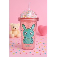 Marsilyan Suluk Pipetli Buzlu Cam Görünümlü 450 ML Çift Katman Mika Su Şişesi 2087 Pembe