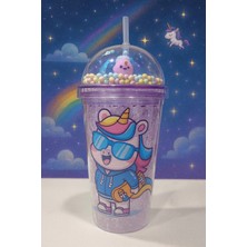 Marsilyan Unicorn Temalı Suluk Pipetli Buzlu Cam Görünümlü 450 ml Çift Katman Mika Su Şişesi 2646 Mor