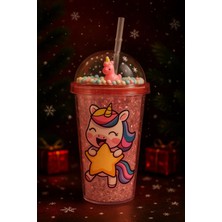 Marsilyan Unicorn Temalı Suluk Pipetli Buzlu Cam Görünümlü 450 ML Çift Katman Mika Su Şişesi 2646 Pembe