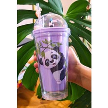 Marsilyan Sevimli Panda Temalı Çift Katman 450 ml Suluk Pipetli Mika Matara Mor 2770