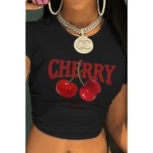 Tarz Cool Kadın Baskılı Crop Tişört - Cherry Desenli, Yazlık Kısa Kollu Bluz