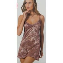 Primoda Underwear Pudra Pembe Mini Dantel Gecelik - Şık-Özel-Yumuşak-Büyük Gül Kabartmalı Desen