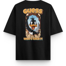 Overoz Who's Back Daffy Duck Sırt Baskılı Yarı Oversize Siyah Tshirt 1393