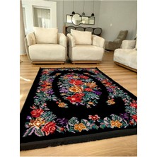 Kilim Home Mars Serisi Siyah ve Multy Tonlarda Çiçekli Desen Kaymaz Taban Şönil Halı