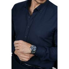 Etikmen Lacivert Yaka Düğmeli Premium Şamre Slimfit Erkek Gömlek