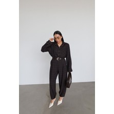 Özge Özgenç Ince Çizgili Çıtçıt Düğmeli Gömlek Pantolon Takım