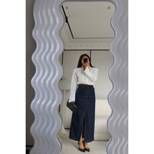 Özge Özgenç Beli Süet Detaylı Önden Yırtmaçlı Denim Etek