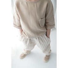 Catz Kids Erkek Çocuk Vizon Çizgili Keten Pantolon + Vizon Müslin Arkadan Düğmeli Gömlek