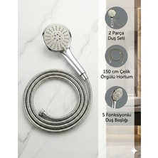 Plodna House Elvis 5 Fonksiyonlu Yüksek Basınçlı Duş Başlığı ve Çelik Örgülü Duş Hortumu Takımı 150 cm