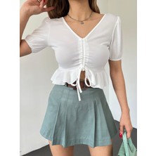 Tomiross Pelin Kadın Beyaz Sırtı Açık Ipli Kısa Kollu Crop Bluz PELIN-5714