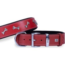 Indispensablely Doggie Deri Kemik Süslü Köpek Boyun Tasması Medium Kırmızı 4X52-60 cm