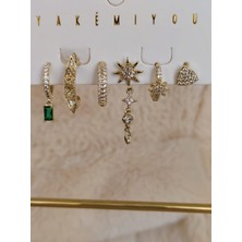 Tuel Kadın Paslanmaz Çelik Gold Detaylı Taşlı Çoklu Modern Küpe