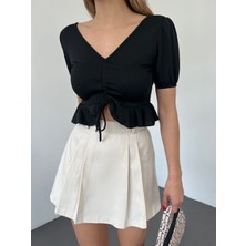 Tomiross Pelin Kadın Siyah Sırtı Açık Ipli Kısa Kollu Crop Bluz PELIN-5714