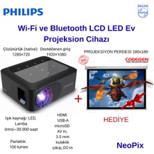 Philips Neopix 110 Wi-Fi ve Bluetooth LCD LED Projeksion Cihazı + Projeksiyon Perdesi  ile Beraber