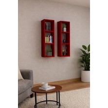 Dekormer Design Kitaplık Takım Ev Mobilya Duvar Rafı Ikili Kırmızı