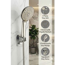 Plodna House Elvis 3’lü Yüksek Basınçlı 5 Fonksiyonlu Duş Seti | Mafsallı Askı | Ip Örgülü Hortum