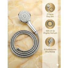 Plodna House Elvis 5 Fonksiyonlu Yüksek Basınçlı Duş Başlığı ve Ip Örgülü Duş Hortumu Takımı 150 cm