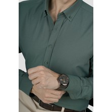 Etikmen Yeşil Yaka Düğmeli Premium Şamre Slimfit Erkek Gömlek