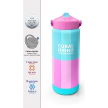 Coral High Turkuaz Pembe Çizgili Desenli Katlanır Ağızlıklı Çelik Termos 650 ml 38381