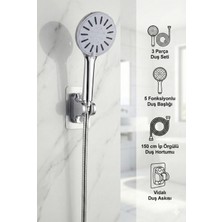 Plodna House Kaliteli Tayzikli 5 Fonksiyon Duş Başlığı + Spiral Çelik Örgülü Duş Hortumu + Yapışkanlı Mafsal