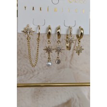 Tuel Kadın Paslanmaz Çelik Gold Detaylı Yıldız Formlu Lüks Çoklu Küpe