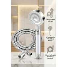 Plodna House Filtreli Beyaz Çelik 5 Fonksiyonlu Duş Başlığı Seti – 150 cm Ip Örgülü Duş Hortumu 2 Parça