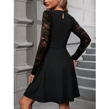 Nova Epoxy Art Kadın Uzun Kollu Balıkçı Yaka Dantelli Ithal Krep Kısa Kiloş Elbise