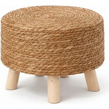 CNRWOOD Doğal Hasır Jüt Sarım Ahşap Ayaklı Bohem Dekoratif Tabure – Büyük Boy