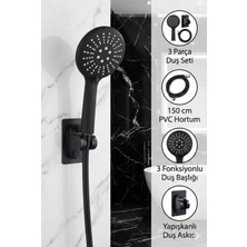 Plodna House Siyah 3 Fonksiyonlu Duş Başlığı Seti – Yüksek Basınçlı, Su Tasarruflu & Dayanıklı Pvc Hortumlu