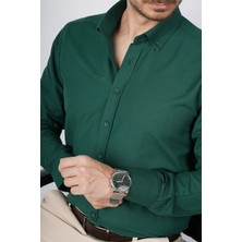 Etikmen Koyu Yeşil Slimfit Erkek Gömlek Düğmeli Yaka Casual Stil Orta Kalınlık